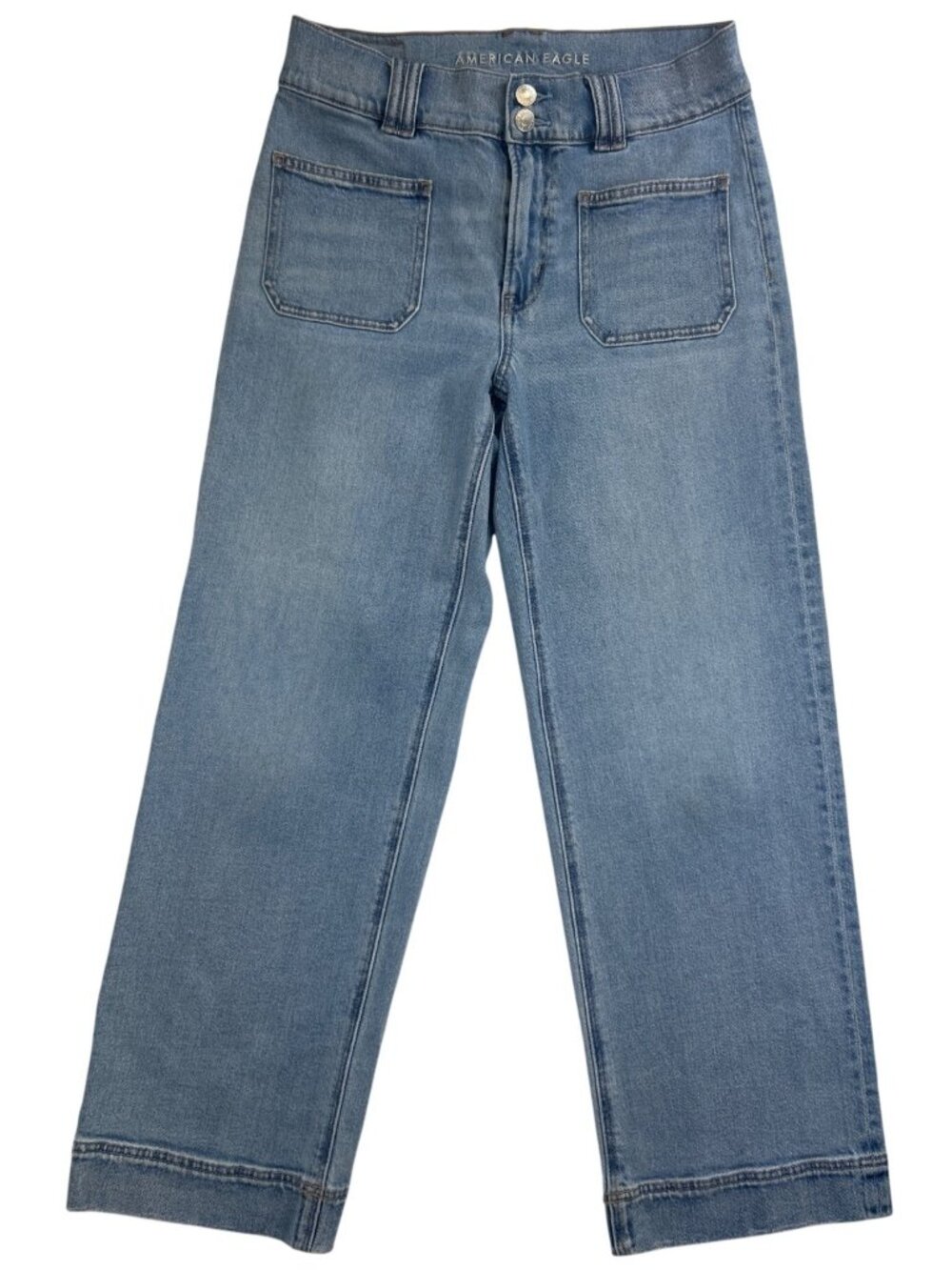 AE Stove Pipe Crop Jeans Women's 4 Blue Wide Leg Patch Pockets High Waist